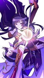 2girls arm_up bad_id bad_twitter_id black_shirt blunt_bangs carrying carrying_person closed_eyes code_geass code_geass:_dakkan_no_roze collarbone couple dress from_side fur-trimmed_jacket fur_trim glowing hair_floating_upwards haruyanagininomiya_sakura hat highres holding holding_sword holding_weapon jacket leaning_back leaning_forward leaning_to_the_side long_hair long_sleeves looking_down looking_to_the_side multicolored_dress multiple_girls nmexemn open_clothes open_jacket parted_lips purple_eyes purple_hair scene_reference shirt shoujo_kakumei_utena simple_background spoilers sumeragi_sakuya sword weapon white_background yuri