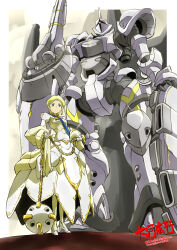 Rule 34 | 1girl, armor, armored dress, ball and chain (weapon), blonde hair, blue eyes, breasts, chain, dress, gundam, gundam gquuuuuux, gyan (gquuuuuux), highres, holding, holding chain, holding flail, holding polearm, holding weapon, lance, looking at viewer, mecha, military uniform, mobile suit, one-eyed, polearm, robot, sayla mass, science fiction, shield, short hair, solo, taiga hiroyuki, weapon, zeon