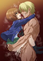 1boy 1girl absurdres ahegao blush brown_eyes brown_hair clothed_female_nude_male clothed_sex cum cum_in_pussy dark-skinned_male dark_skin ejaculation girls_und_panzer hetero highres hug lifting_person nishizumi_miho nude penis saliva sex sirano standing standing_sex suspended_congress sweat tongue tongue_out