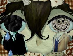 Rule 34 | black hair, black necktie, black suit, blue vest, brooch, bungou stray dogs, collage, collared shirt, crossed bangs, dazai osamu (bungou stray dogs), english text, formal clothes, headless, heart, heterochromia, highres, jewelry, lipstick mark, male focus, multiple views, necktie, paper cutout, paper texture, pikpip, shirt, short hair, smiley face, suit, teardrop, vest, white shirt