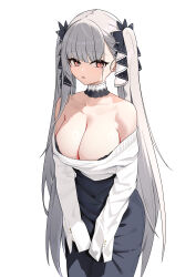 1girl absurdres alternate_costume azur_lane bare_shoulders black_bra black_skirt bra bra_peek breasts cleavage collarbone commentary formidable_(azur_lane) frills grey_hair hair_ribbon highres large_breasts long_hair looking_at_viewer off-shoulder_sweater off_shoulder red_eyes ribbon simple_background skirt sleeves_past_fingers sleeves_past_wrists solo sweater twintails two-tone_ribbon underwear very_long_hair white_background white_sweater xin_sanmu