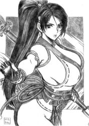 1girl armlet breasts cleavage dead_or_alive fingerless_gloves gloves greyscale high_ponytail jewelry large_breasts long_hair looking_at_viewer momiji_(ninja_gaiden) monochrome ninja ninja_gaiden ponytail sideboob simple_background skidrow sleeveless thighs