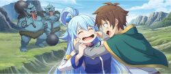 Rule 34 | 1girl, 3boys, angry, aqua (konosuba), barefoot, blue dress, blue hair, blue skin, blue sky, breasts, brown hair, capelet, cheek pinching, closed eyes, cloud, colored skin, day, detached sleeves, dot nose, dress, eyepatch, fangs, furrowed brow, game cg, green capelet, hair ornament, hair rings, hands on another&#039;s arms, highres, holding, holding mace, holding weapon, horns, kono subarashii sekai ni shukufuku wo!, konosuba! fantastic days, long hair, mace, medium breasts, multiple boys, official art, open mouth, pinching, plateau, pointy ears, red eyes, satou kazuma, shirt, sideways mouth, single hair ring, single horn, sky, smile, tearing up, third-party source, tongue, tongue out, topless male, troll, weapon, white shirt, white sleeves