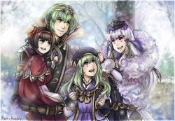 1boy 3girls artist_name beret black_hair bow bracelet brown_hair male_byleth_(fire_emblem) carrying carrying_under_arm christmas closed_mouth crown dress family father_and_daughter fire_emblem fire_emblem:_three_houses flower fur_trim green_eyes green_hair hair_bow hair_ornament hairband hat high_collar holding husband_and_wife if_they_mated jewelry kari_avalon long_hair long_sleeves lysithea_von_ordelia mini_hat mother_and_daughter multicolored_background multiple_girls nintendo pink_eyes purple_dress red_dress red_hairband shawl short_hair siblings sisters smile white_hair wide_sleeves