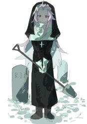 1boy alternate_costume black_dress boots brown_boots capelet chinese_commentary closed_mouth commentary_request cross cross_necklace crossdressing curtained_hair dress expressionless full_body gloves hatsutori_hajime highres holding holding_shovel jewelry liningne long_hair long_sleeves male_focus necklace nun parted_bangs pink_hair red_eyes saibou_shinkyoku shovel sidelocks solo tombstone traditional_nun trap veil white_capelet white_gloves