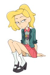 1girl amphibia arm_support asymmetrical_bangs black_footwear blonde_hair breasts collared_shirt expressionless full_body half-closed_eyes highres jacket medium_breasts mole mole_under_eye open_clothes open_jacket panties pink_skirt pleated_skirt ponytail sasha_waybright school_uniform shirt sitting sjms_school_uniform skirt sleeves_rolled_up socks thrumbo_(artist) underwear white_background