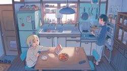 1boy 1girl absurdres barefoot black_hair blue_eyes blue_pants blue_shirt bowl box breakfast brown_eyes ceiling_light cereal cereal_box chair commentary_request controller cooking cup cupboard door drinking_glass fang food fruit frying_pan hair_ornament hairclip highres holding holding_box holding_spoon indoors kitchen long_sleeves magnet mandarin_orange microwave morning muji_(uimss) open_mouth original pants pot refrigerator refrigerator_magnet remote_control rice_cooker sandals shirt short_hair sink sitting skin_fang slice_of_life smile soap_bottle spatula spoon standing steam stove table toothbrush unworn_sandals white_hair white_shirt wooden_floor