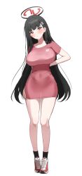 Rule 34 | 1girl, absurdres, alternate costume, arm behind back, black hair, black socks, blue archive, blush, breasts, commentary, covered navel, dress, hair behind ear, hair ornament, hairclip, highres, large breasts, long hair, looking at viewer, oreothecream, parted lips, red dress, red eyes, red shoes, rio (blue archive), shoes, short dress, short sleeves, socks, solo, sweat, tight clothes, tight dress