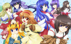Rule 34 | 6+girls, amano mishio, animal, animal on head, backpack, bag, steamed bun, cat, cat on head, food, hair intakes, kanon, kawasumi mai, li ling, minase akiko, minase nayuki, misaka kaori, misaka shiori, multiple girls, on head, piro, randoseru, sawatari makoto, school uniform, tsukimiya ayu, wings