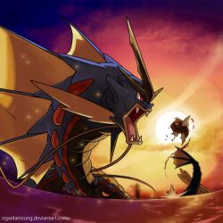 Rule 34 | animal focus, commentary, deviantart username, english commentary, evolutionary line, fangs, fish, gen 1 pokemon, gyarados, magikarp, mega gyarados, mega pokemon, nganlamsong, nintendo, no humans, nostrils, open mouth, pokemon, pokemon (creature), pokemon focus, red eyes, sky, sparkle, splashing, sun, water, watermark, web address