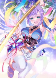 1girl armpits bamboo blue_eyes boots breasts corset highres holding iris_mysteria! large_breasts loincloth open_mouth patricia_shandy purple_hair red_ribbon ribbon tanabata tanzaku thighhighs thighs wanokuni_(wakokusforest) white_boots white_thighhighs
