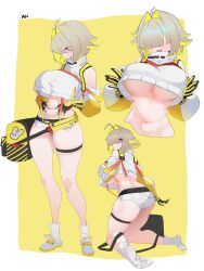 1girl :3 absurdres ahoge akiak1 artist_name ass bag belly black_gloves blonde_hair blush breasts closed_mouth clothing_cutout colored_inner_hair commentary crop_top crop_top_overhang cropped_sweater cropped_torso elegg_(nikke) exposed_pocket eyes_visible_through_hair fang feet full_body gloves goddess_of_victory:_nikke hair_intakes hair_over_eyes highres kneeling large_breasts long_bangs looking_at_viewer looking_back micro_shorts multicolored_hair multiple_views navel no_shoes open_mouth purple_eyes shoes short_hair shorts shoulder_cutout simple_background skindentation smile socks soles standing stomach suspender_shorts suspenders sweater thigh_strap two-sided_gloves two-tone_gloves underboob white_shoes white_shorts white_socks white_sweater yellow_background yellow_gloves