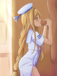 00s 1boy 1girl alicia_florence aria_(manga) bad_id bad_pixiv_id blonde_hair blouse blue_eyes blush braid clothed_female_nude_male cum cum_in_mouth dress faceless faceless_male fellatio hat hetero long_hair nora-uni nude oral penis shirt single_braid solo_focus uncensored white_shirt