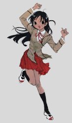 1girl black_eyes black_hair black_socks blazer dress_shirt full_body grey_background hair_ornament hands_up highres jacket kinuc kneehighs leg_up long_hair long_sleeves neck_ribbon open_mouth pleated_skirt red_ribbon red_skirt ribbon school_rumble school_uniform shirt shoes simple_background skirt smile socks solo thighs_together tsukamoto_tenma twintails uwabaki white_shoes