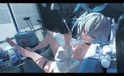 1girl :d bare_legs bare_shoulders blue_eyes blue_hair blue_nails blue_ribbon breasts cleavage fashi_laizi_weilai florence_(girls&#039;_frontline_2) from_above from_side full_body girls&#039;_frontline girls&#039;_frontline_2:_exilium hair_between_eyes hair_ribbon hand_on_own_knee hand_up heart heart-shaped_pupils heart_print highres holding holding_syringe indoors knee_up leg_up legs_on_table long_sleeves looking_at_viewer looking_back looking_up medium_hair nail_polish off-shoulder_shirt off_shoulder open_mouth pa-15_(girls&#039;_frontline) pa-15_(marvelous_yam_pastry)_(girls&#039;_frontline) ribbon shirt sitting small_breasts smile solo symbol-shaped_pupils syringe thigh_strap white_shirt