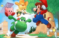1girl 3boys animal_crossing animal_ears bell brown_footwear clenched_hands clenched_teeth dodging dog_ears dog_girl dog_tail facial_hair fence fighting fishing_rod flower gloves grass hair_bell hair_ornament hat isabelle_(animal_crossing) jumping kirby kirby_(series) licking_lips mario mario_(series) midair motion_blur multiple_boys mustache nintendo open_mouth overalls overlord_jc parted_lips skirt star_(symbol) super_smash_bros. tail teeth tongue tongue_out topknot tree whispy_woods white_gloves yoshi