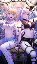 2girls anchor anchor_choker armlet asymmetrical_legwear bare_arms bare_shoulders belt black_belt black_choker black_footwear black_headwear black_legwear black_nails black_pants black_ribbon blonde_hair blue_ribbon blue_skirt blush boot_straps boots braid breasts chain choker cleavage commentary craft_essence_(fate) dolphin eyebrows fate/grand_order fate_(series) fingerless_gloves garter_straps gloves hair_between_eyes hat jeanne_d&#039;arc_(fate) jeanne_d&#039;arc_(mystery_treasure)_(fate) jeanne_d&#039;arc_(ruler)_(fate) jeanne_d&#039;arc_alter_(fate) jeanne_d&#039;arc_alter_(mystery_treasure)_(fate) jewelry large_breasts lips long_hair looking_at_viewer midriff multiple_belts multiple_girls mystery_treasure nail_polish navel nipi27 nose official_alternate_costume official_art open_mouth pale_skin pants plaid_clothes plaid_skirt ponytail ribbon sailor_collar sailor_hat salute sidelocks sitting skirt smirk teeth thigh_strap thighhighs tilted_headwear torn_clothes torn_pants twin_braids twintails uneven_legwear very_long_hair white_choker white_footwear white_gloves white_hair white_headwear white_legwear