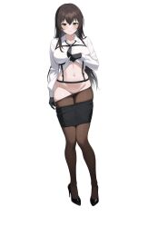 Rule 34 | 1girl, artist request, black gloves, black hair, black necktie, black shoes, black shorts, black skirt, breasts, brown pantyhose, button gap, chest harness, closed mouth, clothes lift, clothes pull, collared shirt, commentary request, commission, full body, gloves, green eyes, groin, harness, high heels, highres, korean commentary, lifting own clothes, long hair, long sleeves, looking at viewer, medium breasts, miniskirt, navel, necktie, no panties, original, pantyhose, pantyhose pull, pulling own clothes, resia (emonmong), second-party source, shirt, shirt lift, shoes, shorts, shorts pull, simple background, skirt, skirt pull, smile, solo, standing, stomach, very long hair, white background, white shirt