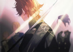 1girl 3boys black_jacket black_vest blonde_hair blue_cape blue_hair buttons cape collared_jacket dimitri_alexandre_blaiddyd felix_hugo_fraldarius fire_emblem fire_emblem:_three_houses garreg_mach_monastery_uniform gold_trim hair_bun ingrid_brandl_galatea jacket light_rays long_sleeves male_focus multiple_boys nintendo orange_hair over_shoulder polearm popped_collar school_uniform shirt side_cape solo_focus sunbeam sunlight sylvain_jose_gautier tsukimura_noe upper_body vest weapon weapon_over_shoulder white_shirt