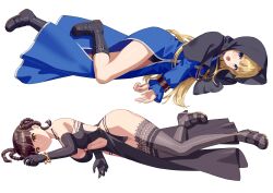 2girls absurdres black_thighhighs blonde_hair blue_dress blue_eyes boots braid breasts brown_eyes brown_hair commission crossover dead_or_alive defeat dress elbow_gloves full_body gloves goeniko highres lei_fang long_hair long_sleeves looking_at_viewer lying m.u.g.e.n medium_breasts multiple_girls navel nun on_side pixiv_commission snk tecmo the_king_of_fighters thighhighs transparent_background twin_braids yagi2013