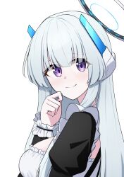 Rule 34 | 1girl, absurdres, alternate costume, blue archive, blunt bangs, commentary, english commentary, halo, headgear, highres, long hair, long sleeves, looking at viewer, maid, mechanical halo, noa (blue archive), purple eyes, sidelocks, solo, watakaze, white background, white hair