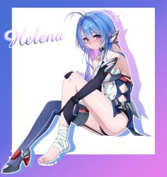 Rule 34 | 1girl, a raku, absurdres, azur lane, bandaged ankle, bare shoulders, black gloves, black panties, blue hair, boots, breasts, buttons, character name, clothing cutout, commentary request, diamond cutout, double-breasted, dress, elbow gloves, from side, frown, full body, garter straps, gloves, hair between eyes, hand on own knee, helena (azur lane), helena (retrofit) (azur lane), high heel boots, high heels, highres, injury, knees up, leaning forward, legs, long hair, looking at viewer, midriff peek, multicolored hair, panties, purple eyes, purple hair, side cutout, single bare leg, sitting, sleeveless, sleeveless dress, solo, spread legs, thigh boots, thighs, two-tone hair, underboob, underboob cutout, underwear, very long hair