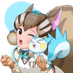 &gt;_&lt; 1girl blue_bow blue_bowtie blush bow bowtie brown_eyes brown_hair brown_shirt cheek-to-cheek chipmunk_ears chipmunk_girl chipmunk_tail frilled_sleeves frills fur_collar gen_4_pokemon hair_between_eyes hair_bow heads_together highres kemono_friends kemono_friends_v_project long_sleeves multicolored_hair nintendo one_eye_closed open_mouth pachirisu pokemon puffy_sleeves shirt siberian_chipmunk_(kemono_friends) sidelocks universe_hululu upper_body vest white_fur white_vest
