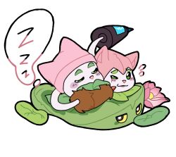 Rule 34 | :3, animal ears, animal hat, animal nose, beanie, black eyes, bright pupils, cat ears, cat hat, cattail, cattail (plants vs. zombies), chinese commentary, closed eyes, closed mouth, colored sclera, commentary request, dual persona, flower, flying sweatdrops, green eyes, hat, highres, leaf, lily pad, lily pad (plants vs. zombies), looking at another, no humans, pink flower, pink hat, plant, plant focus, plants vs. zombies, plants vs. zombies 2, plants vs. zombies 2 (chinese), shenmeshihou, simple background, solid oval eyes, tail, transparent background, u u, white pupils, yellow sclera, zzz