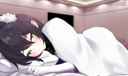 1girl absurdres animal_ear_fluff animal_ears artist_name bed bed_sheet bedroom blanket blush bodysuit gloves green_eyes hair_between_eyes head_on_pillow highres indoors latex latex_bodysuit looking_at_viewer lying maguro27 no_nose on_bed on_side original pillow purple_hair short_hair sidelocks smile solo twitter_username under_covers white_blanket white_gloves