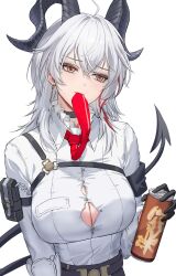 1girl absurdres arm_pouch armband black_armband black_choker black_eyes black_gloves black_horns black_pouch black_tail breasts button_gap can chest_harness choker collared_shirt commentary_request curled_horns demon_tail drink_can earrings gloves harness highres hodangdang_ok holding holding_can horns jewelry key key_earrings key_necklace korean_commentary large_breasts long_hair looking_to_the_side mole mole_under_eye mouth_hold multicolored_eyes multicolored_hair necklace necktie red_eyes red_necktie shirt shirt_tucked_in simple_background solo streaked_hair tail two-tone_eyes upper_body white_background white_hair white_shirt wuthering_waves zani_(wuthering_waves)