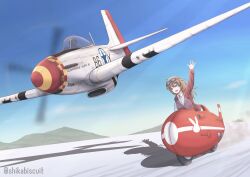Rule 34 | 1girl, absurdres, aircraft, airplane, charlotte e. yeager, goggles, hand up, happy, highres, jacket, looking at another, military, military uniform, military vehicle, motor vehicle, motorcycle, mountain, orange hair, outdoors, propeller fighter, red jacket, salute, shade, shikabiscuit, strike witches, twitter username, world witches series