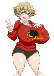 1girl black_shorts blue_eyes breasts brown_hair cleavage collarbone collared_shirt covered_erect_nipples cowboy_shot genderswap genderswap_(mtf) hitokiwa_kenchin huge_breasts long_sleeves looking_at_viewer nintendo npc_trainer pokemon pokemon_swsh red_sweater shirt shorts simple_background socks solo standing sweater v white_background white_shirt youngster_(pokemon)