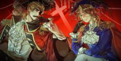 2boys ascot axis_powers_hetalia bicorne black_gloves blonde_hair bow brooch cape epaulettes eyepatch facial_hair france_(hetalia) gloves goatee_stubble green_eyes hair_bow hat highres jacket jacket_on_shoulders jewelry long_hair long_sleeves looking_at_another male_focus medium_hair military_jacket military_uniform multiple_boys pirate pirate_hat ponytail purple_eyes red_background ring sheepgooo short_hair smile stubble thick_eyebrows united_kingdom_(hetalia) wavy_hair