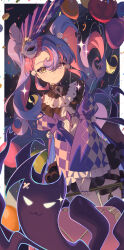 1girl absurdres airseal black_collar chinese_commentary closed_mouth coat collar commentary_request dress eye_mask fur-trimmed_dress fur_trim heterochromia highres holding holding_suitcase jewelry key_hair_ornament long_hair long_sleeves looking_at_viewer mask mask_on_head multicolored_hair multiple_rings pero_(wuthering_waves) pink_hair pink_pupils purple_coat purple_hair ring roccia_(wuthering_waves) short_dress suitcase symbol-shaped_pupils twintails two-tone_hair white_dress wuthering_waves x-shaped_pupils yellow_eyes