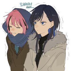 2girls black_hair black_shirt blue_eyes brown_sweater closed_eyes closed_mouth coat cold colored_inner_hair commentary fur-trimmed_coat fur_trim hashtag-only_commentary highres kororon_(song) ligton1225 long_hair looking_afar multicolored_hair multiple_girls okami-chan_(kororon) parted_lips pink_hair scarf_on_head shirt short_hair side-by-side sweater teeth tora-chan_(kororon) trembling turtleneck white_background winter_clothes winter_coat