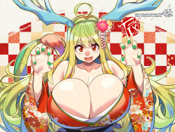 1girl ahoge bare_shoulders blonde_hair blush breasts checkered_background chinese_zodiac claw_pose collarbone commentary_request dragon_girl dragon_horns dragon_tail fake_horns fangs floral_print floral_print_kimono flower gradient_hair green_hair green_nails hair_flower hair_ornament heart highres horns huge_breasts japanese_clothes kimono long_hair long_horns looking_at_viewer multicolored_hair nail_polish off_shoulder open_mouth original pixiv_id pixiv_username print_kimono red_eyes red_kimono signature smile solo speech_bubble tail twitter_username umigarasu_(kitsune1963) upper_body very_long_hair wide_sleeves year_of_the_dragon