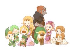 3boys 4girls bird blonde_hair blue_eyes brown_hair chicken dress dual_persona ganondorf gloves green_hair green_hat hand_on_another&#039;s_head hat instrument link long_hair malon md5_mismatch mido_(zelda) multiple_boys multiple_girls nintendo ocarina pointy_ears princess_zelda red_hair saria_(zelda) shunrai sitting tears the_legend_of_zelda the_legend_of_zelda:_ocarina_of_time time_paradox young_link young_zelda