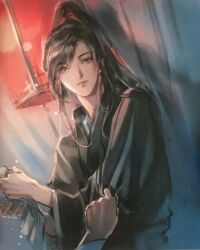 Rule 34 | 2boys, androgynous, black hair, black hanfu, chinese clothes, clothes grab, curtains, dutch angle, faux traditional media, grey eyes, hanfu, high ponytail, highres, holding, holding towel, implied yaoi, indoors, ink wash painting, kcllzas163, lantern, long hair, long sleeves, looking at viewer, male focus, modao zushi, multiple boys, official art, out of frame, paper lantern, parted lips, ponytail, pov, pov hands, robe, smile, solo focus, third-party source, towel, upper body, water drop, wei wuxian, wide sleeves, wringing