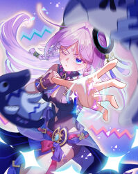 1girl ;t absurdres blue_eyes braid breasts citlali_(genshin_impact) cleavage closed_mouth facial_mark floating_headgear forehead_mark genshin_impact hair_over_one_eye headgear highres jieul_hee large_breasts leotard long_hair motion_blur outstretched_hand pink_pupils purple_hair purple_leotard side_braids solo triangle triangle_facial_mark twin_braids very_long_hair