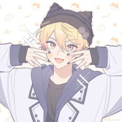 Rule 34 | 1boy, akii 0915, animal ear headwear, arms up, beanie, black hat, black nails, black shirt, blonde hair, blue jacket, blush, commentary request, crew neck, double-parted bangs, fake animal ears, fingernails, hair between eyes, hat, hood, hood down, hooded jacket, jacket, lapels, layered clothes, layered sleeves, male focus, nail polish, notched lapels, open mouth, orange eyes, paw print, project sekai, shirt, smile, solo, tenma tsukasa, upper body, w, white jacket