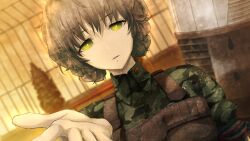 1girl amane_suzuha amane_suzuha_(beta) ammunition_pouch bandaged_arm bandages black_bandages blurry blurry_background body_armor braid breasts brown_hair bulletproof_vest camouflage camouflage_jacket collar_tabs digital_camouflage dutch_angle fg204 game_cg green_jacket hair_rings high_collar highres huke jacket load_bearing_vest long_sleeves looking_at_viewer medium_breasts military_combat_uniform military_fatigues military_uniform non-web_source official_art on_rooftop open_mouth palms pouch reaching reaching_towards_viewer red_collar_tabs ringed_eyes rooftop soldier solo square_pupils steins;gate time_machine tongue twin_braids twintails woodland_camouflage yellow_eyes