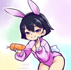 1girl 2025 20s animal_ears black_hair blue_background blush carrot drantyno easter fake_animal_ears fake_tail flat_chest food green_background grin holding holding_carrot holding_food index_finger_raised leaning_forward leotard loli long_sleeves looking_at_viewer megu_(ryuhi) original pink_background pink_leotard pink_shrug playboy_bunny purple_background purple_eyes rabbit_ears rabbit_tail short_hair shrug_(clothing) smile sparkle standing tail teeth yellow_background