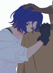 Rule 34 | 1boy, 1girl, anyaaa66, blue hair, colored inner hair, commentary request, dark-skinned female, dark skin, gloves, gundam, gundam gquuuuuux, half-closed eyes, headpat, highres, lalah sune, lap pillow, multicolored hair, pants, purple hair, red eyes, shirt, short hair, shuji ito, simple background, two-tone hair, white background, white shirt
