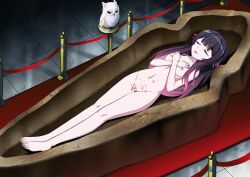 1girl aftersex bird black_hair breasts death indoors long_hair lying multicolored_hair necrophilia nude owl pink_hair purple_eyes red_carpet sarcophagus small_breasts yanderenohako_(artist)