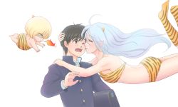 Rule 34 | 3boys, animal print, bad id, bad pixiv id, bikini, black hair, blonde hair, brown eyes, kissing cheek, cosplay, closed eyes, fire, floating, gakuran, green eyes, horns, katsuki yuuri, kiss, lum, lum (cosplay), male focus, moroboshi ataru, moroboshi ataru (cosplay), multiple boys, nekoya-nagi, pointy ears, school uniform, silver hair, swimsuit, ten (urusei yatsura), ten (urusei yatsura) (cosplay), tiger print, urusei yatsura, viktor nikiforov, yaoi, yuri!!! on ice, yuri plisetsky