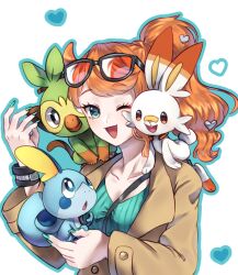 Rule 34 | 1girl, aqua eyes, aqua nails, aqua shirt, between breasts, black-framed eyewear, blue skin, breasts, brown coat, chameleon, cleavage, coat, collarbone, colored skin, eyewear on head, gen 8 pokemon, green fur, grookey, hair ornament, heart, heart hair ornament, holding, long hair, medium breasts, monkey, naturesminne, nintendo, one eye closed, open mouth, orange-tinted eyewear, orange fur, orange hair, pokemon, pokemon (creature), pokemon swsh, rabbit, ribbed shirt, scorbunny, shirt, side ponytail, smile, sobble, sonia (pokemon), strap between breasts, sunglasses, swept bangs, tinted eyewear, two-tone fur, upper body, v-neck, wavy hair, white fur