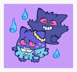arms_up billspooks blue_dress blush blush_stickers border closed_eyes colored_sclera commentary dress english_commentary floating full_body gen_1_pokemon gengar grin highres hilary_(pokemon) nintendo pokemon pokemon_(anime) pokemon_(creature) poketoon purple_background red_sclera simple_background smile sweat teeth white_border white_eyes will-o&#039;-the-wisp_(mythology)