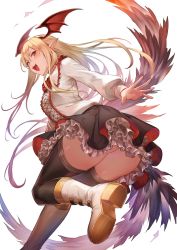 1girl ass bat_wings black_skirt black_thighhighs blonde_hair blush boots breasts collared_shirt fang female_focus frilled_skirt frills granblue_fantasy hair_between_eyes head_wings highres kakage knee_boots long_hair long_sleeves looking_at_viewer open_mouth pointy_ears red_eyes shirt simple_background skirt small_breasts smile solo thighhighs vampy white_background white_boots white_shirt wings