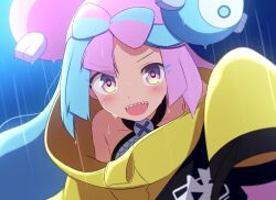 1girl :d blue_hair bow-shaped_hair character_hair_ornament commentary_request creatures_(company) curakuru game_freak hair_ornament iono_(pokemon) jacket long_hair long_sleeves looking_at_viewer nintendo open_mouth pink_eyes pink_hair pokemon pokemon_sv rain sharp_teeth sleeves_past_fingers sleeves_past_wrists smile solo teeth upper_body upper_teeth_only wet yellow_jacket