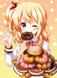 1girl blonde_hair blush bow bowtie breasts collared_shirt comic_girls commentary_request cookie donut food food_in_mouth hair_ribbon hand_up highres holding holding_plate koizuka_koyume long_sleeves looking_at_viewer medium_breasts medium_hair mouth_hold one_side_up open_mouth plate purple_eyes red_bow red_bowtie red_ribbon ribbon ruu_(tksymkw) school_uniform shirt solo sweater_vest teeth upper_body upper_teeth_only w white_shirt yellow_sweater_vest
